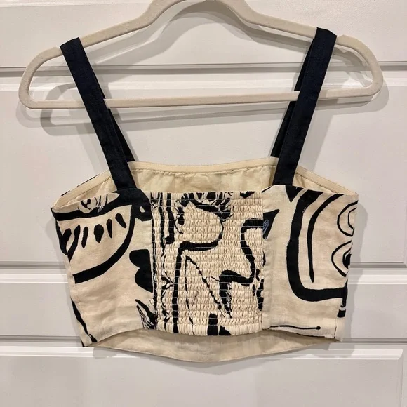 NWT Magaschoni Abstract Cream and Black Crop Top 100% linen SMALL - Picture 4 of 9